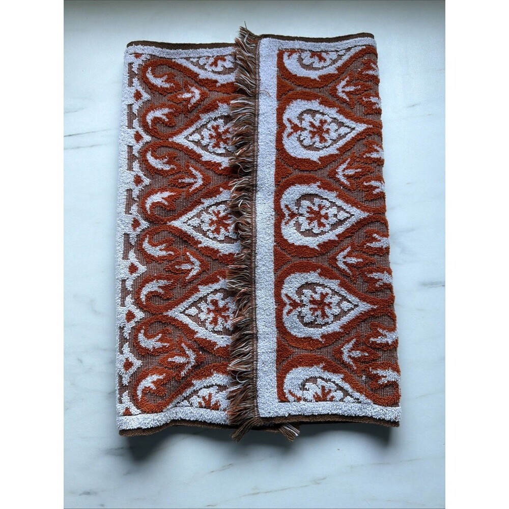 Vintage Fieldcrest All Cotton  Face Towel Rust Brown White MCM Fringe